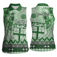 Vintage Bula Fiji Personalised Women Sleeveless Polo Shirt Green Hibiscus Tapa Pattern