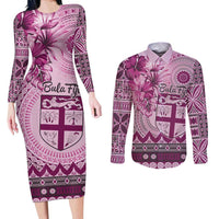 Vintage Bula Fiji Personalised Couples Matching Long Sleeve Bodycon Dress and Long Sleeve Button Shirt Pink Hibiscus Tapa Pattern