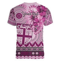 Vintage Bula Fiji Personalised Women V-Neck T-Shirt Pink Hibiscus Tapa Pattern