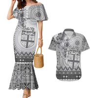 Vintage Bula Fiji Personalised Couples Matching Mermaid Dress and Hawaiian Shirt Beige Hibiscus Tapa Pattern