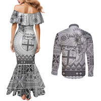 Vintage Bula Fiji Personalised Couples Matching Mermaid Dress and Long Sleeve Button Shirt Beige Hibiscus Tapa Pattern