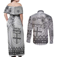 Vintage Bula Fiji Personalised Couples Matching Off Shoulder Maxi Dress and Long Sleeve Button Shirt Beige Hibiscus Tapa Pattern