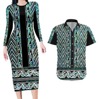 New Zealand Maori Niho Taniwha Couples Matching Long Sleeve Bodycon Dress and Hawaiian Shirt Papua Shell - Mangopare Puhoro Pattern