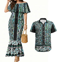 New Zealand Maori Niho Taniwha Couples Matching Mermaid Dress and Hawaiian Shirt Papua Shell - Mangopare Puhoro Pattern LT9 Green - Polynesian Pride