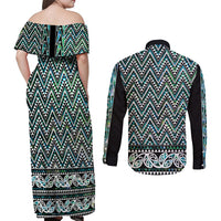 New Zealand Maori Niho Taniwha Couples Matching Off Shoulder Maxi Dress and Long Sleeve Button Shirt Papua Shell - Mangopare Puhoro Pattern