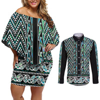 New Zealand Maori Niho Taniwha Couples Matching Off Shoulder Short Dress and Long Sleeve Button Shirt Papua Shell - Mangopare Puhoro Pattern