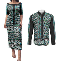 New Zealand Maori Niho Taniwha Couples Matching Puletasi and Long Sleeve Button Shirt Papua Shell - Mangopare Puhoro Pattern LT9 Green - Polynesian Pride