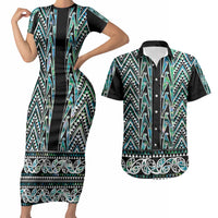 New Zealand Maori Niho Taniwha Couples Matching Short Sleeve Bodycon Dress and Hawaiian Shirt Papua Shell - Mangopare Puhoro Pattern LT9 Green - Polynesian Pride