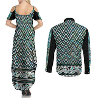 New Zealand Maori Niho Taniwha Couples Matching Summer Maxi Dress and Long Sleeve Button Shirt Papua Shell - Mangopare Puhoro Pattern LT9 - Polynesian Pride