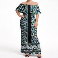 New Zealand Maori Niho Taniwha Off Shoulder Maxi Dress Papua Shell - Mangopare Puhoro Pattern LT9 Women Green - Polynesian Pride