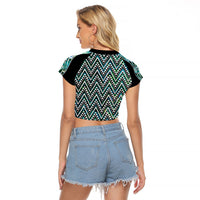 New Zealand Maori Niho Taniwha Raglan Cropped T Shirt Papua Shell - Mangopare Puhoro Pattern