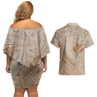 Hawaii Monk Seal and Map Couples Matching Off Shoulder Short Dress and Hawaiian Shirt Polynesian Kanaka Maoli Beige Vibe