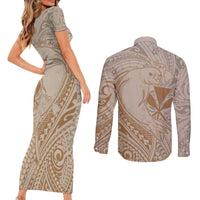 Hawaii Monk Seal and Map Couples Matching Short Sleeve Bodycon Dress and Long Sleeve Button Shirt Polynesian Kanaka Maoli Beige Vibe