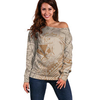 Hawaii Monk Seal and Map Off Shoulder Sweater Polynesian Kanaka Maoli Beige Vibe LT9 Women Beige - Polynesian Pride