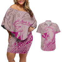 Hawaii Monk Seal and Map Couples Matching Off Shoulder Short Dress and Hawaiian Shirt Polynesian Kanaka Maoli Pink Vibe