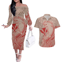 Hawaii Monk Seal and Map Couples Matching Off The Shoulder Long Sleeve Dress and Hawaiian Shirt Polynesian Kanaka Maoli Red Vibe