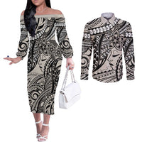 Polynesian Girl Tribal Tattoo Couples Matching Off The Shoulder Long Sleeve Dress and Long Sleeve Button Shirt Beige Vibe