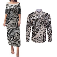 Polynesian Girl Tribal Tattoo Couples Matching Puletasi and Long Sleeve Button Shirt Beige Vibe