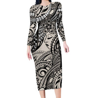 Polynesian Girl Tribal Tattoo Long Sleeve Bodycon Dress Beige Vibe