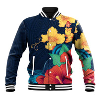 Polynesian Hibiscus Flower Waves Pattern Baseball Jacket