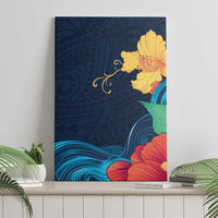 Polynesian Hibiscus Flower Waves Pattern Canvas Wall Art