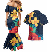 Polynesian Hibiscus Flower Waves Pattern Couples Matching Mermaid Dress and Hawaiian Shirt