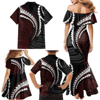 Polynesian Oxblood Line Art Tribal Tattoo Family Matching Mermaid Dress and Hawaiian Shirt