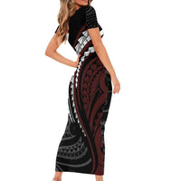 Polynesian Oxblood Line Art Tribal Tattoo Family Matching Short Sleeve Bodycon Dress and Hawaiian Shirt
