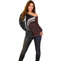 Polynesian Oxblood Line Art Tribal Tattoo Off Shoulder Sweater