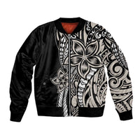 Polynesian Plumeria Floral Tattoo Pattern Bomber Jacket Beige Style
