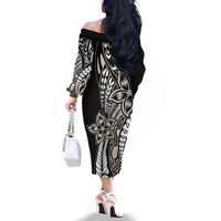 Polynesian Plumeria Floral Tattoo Pattern Family Matching Off The Shoulder Long Sleeve Dress and Hawaiian Shirt Beige Style