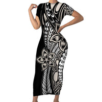 Polynesian Plumeria Floral Tattoo Pattern Short Sleeve Bodycon Dress Beige Style