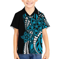 Polynesian Plumeria Floral Tattoo Pattern Family Matching Long Sleeve Bodycon Dress and Hawaiian Shirt Bllue Style