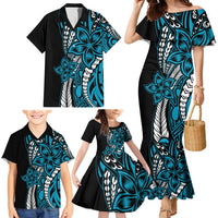 Polynesian Plumeria Floral Tattoo Pattern Family Matching Mermaid Dress and Hawaiian Shirt Bllue Style