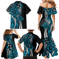 Polynesian Plumeria Floral Tattoo Pattern Family Matching Mermaid Dress and Hawaiian Shirt Bllue Style