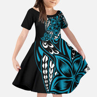 Polynesian Plumeria Floral Tattoo Pattern Kid Short Sleeve Dress Blue Style LT9 KID Blue - Polynesian Pride