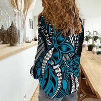 Polynesian Plumeria Floral Tattoo Pattern Women Casual Shirt Bllue Style