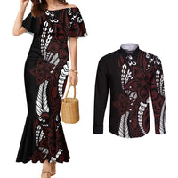 Polynesian Plumeria Floral Tattoo Pattern Couples Matching Mermaid Dress and Long Sleeve Button Shirt Oxblood Style