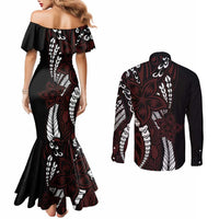 Polynesian Plumeria Floral Tattoo Pattern Couples Matching Mermaid Dress and Long Sleeve Button Shirt Oxblood Style