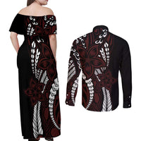 Polynesian Plumeria Floral Tattoo Pattern Couples Matching Off Shoulder Maxi Dress and Long Sleeve Button Shirt Oxblood Style