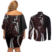 Polynesian Plumeria Floral Tattoo Pattern Couples Matching Off Shoulder Short Dress and Long Sleeve Button Shirt Oxblood Style