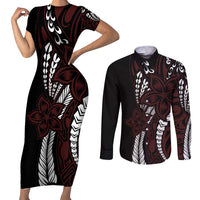 Polynesian Plumeria Floral Tattoo Pattern Couples Matching Short Sleeve Bodycon Dress and Long Sleeve Button Shirt Oxblood Style