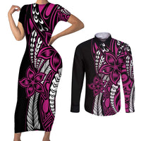 Polynesian Plumeria Floral Tattoo Pattern Couples Matching Short Sleeve Bodycon Dress and Long Sleeve Button Shirt Pink Style