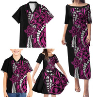 Polynesian Plumeria Floral Tattoo Pattern Family Matching Puletasi and Hawaiian Shirt Pink Style