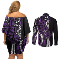 Polynesian Plumeria Floral Tattoo Pattern Couples Matching Off Shoulder Short Dress and Long Sleeve Button Shirt Purple Style