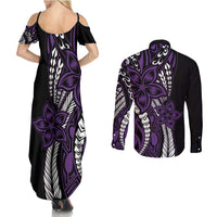 Polynesian Plumeria Floral Tattoo Pattern Couples Matching Summer Maxi Dress and Long Sleeve Button Shirt Purple Style