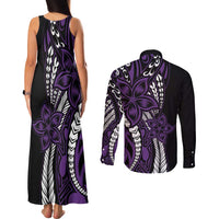 Polynesian Plumeria Floral Tattoo Pattern Couples Matching Tank Maxi Dress and Long Sleeve Button Shirt Purple Style