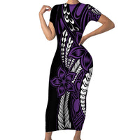 Polynesian Plumeria Floral Tattoo Pattern Family Matching Short Sleeve Bodycon Dress and Hawaiian Shirt Purple Style