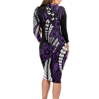 Polynesian Plumeria Floral Tattoo Pattern Long Sleeve Bodycon Dress Purple Style