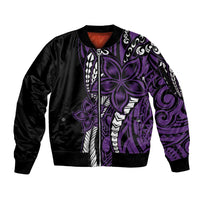 Polynesian Plumeria Floral Tattoo Pattern Sleeve Zip Bomber Jacket Purple Style